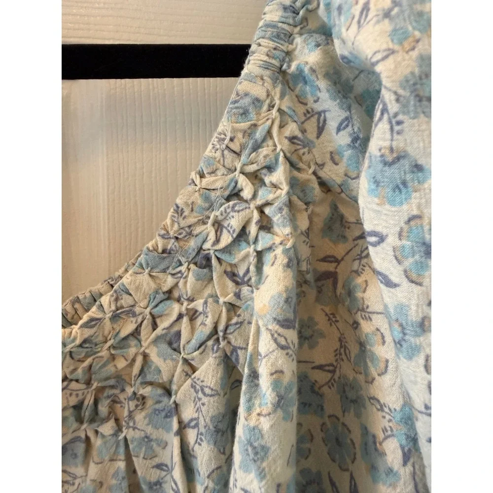 Free People James Smock Off Shoulder Floral Crop Top Blue Cottagecore Size S